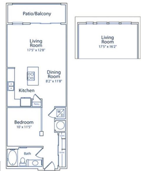 A floor plan of a small apartment with a living room, dining room, kitchen, bedroom, and bathroom.